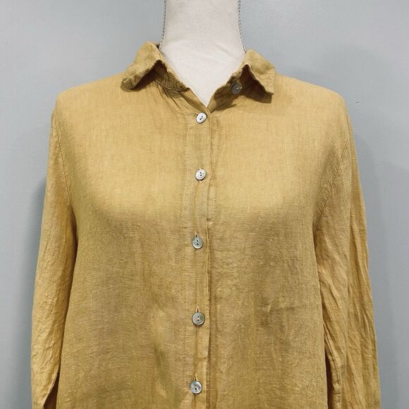 FRANCESCA BETTINI M Linen Yellow Button Shirt Dress Roll-Tab Cottage Lagenlook - Picture 5 of 16